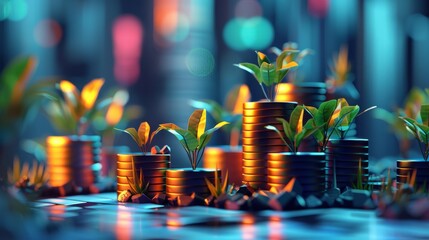 Growing money concept. Coins with growing plants on them. - obrazy, fototapety, plakaty
