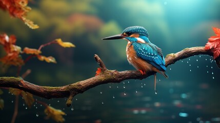 Kingfisher perching on branch in a wild.