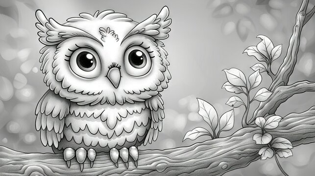   A monochrome illustration depicts an owl perched atop a tree with foliage and blossoms enveloping it
