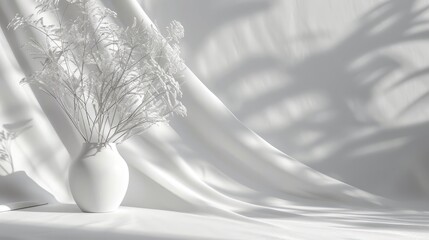 white still life, vase, pampas grass, white fabric, shadows