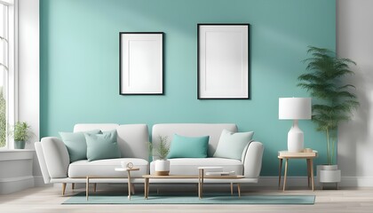 Frame mockup, ISO A paper size. torquise and white Living room wall poster mockup. Interior mockup with house background. Modern interior design. 3D render, wallpapers, stock photos, mockups
