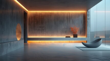 liminal space, concrete walls, indirect lighting, single orange plant, gray floor, curved gray bench