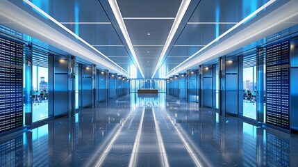 Fototapeta premium liminal space, blue, empty, fluorescent lights, reflections