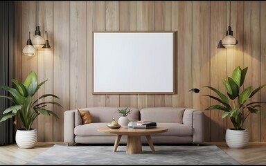 Frame mockup, ISO A paper size. wooden Living room wall poster mockup. Interior mockup with house background. Modern interior design. 3D render