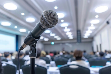 A microphone stands ready for questions in an economic symposium 