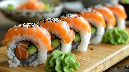   A close-up of sushi on a cutting board with other sushi nearby