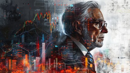 Portrait of an old man with a serious expression on his face. He is wearing a suit and glasses. The background is a cityscape with a red tint.