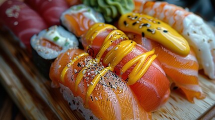   A sushi close-up on a cutting board with additional sushi surrounding it