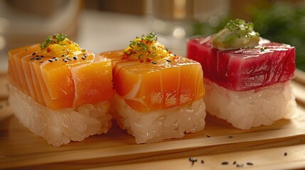   A clearer shot of a wooden tray adorned with various dishes, including sushi, and a lush plant backdrop