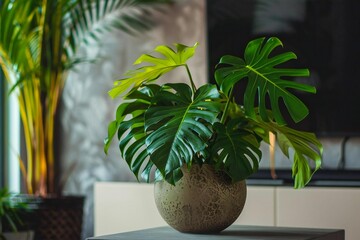 Exotic Monstera and Palm Growing in Lush Vase Decor