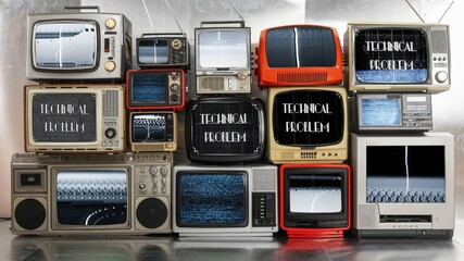 vintage and retro televisions made into a tv wall with cinema countdowns on the screen