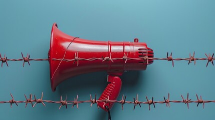 a red megaphone sitting on top of a barbed wire - obrazy, fototapety, plakaty
