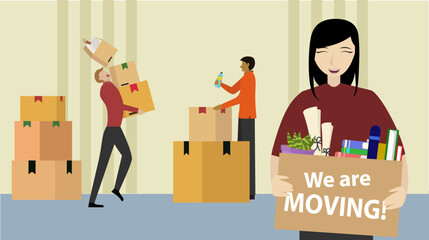 we're moving website design and moving service. people moving their office to the new building vector illustration