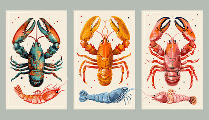 Trendy vector illustration of a set of hand-drawn lobster, shrimps, crab. Seafood shop logo, signboard, restaurant menu, fish market, banner, poster design templates. Fresh shellfish products. 