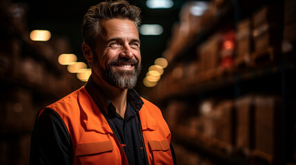 Fototapeta premium Cheerful Warehouse Supervisor in High Visibility Vest.Generative ai.