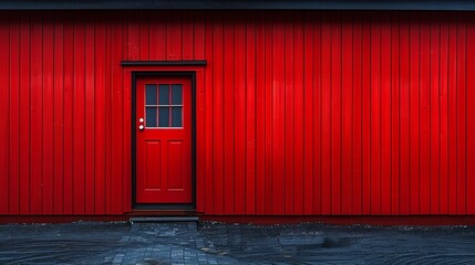 a red door and a brick walkway in front of a red building