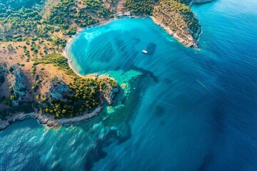 Aerial View of Greece's Coastline From Overhead Sea
