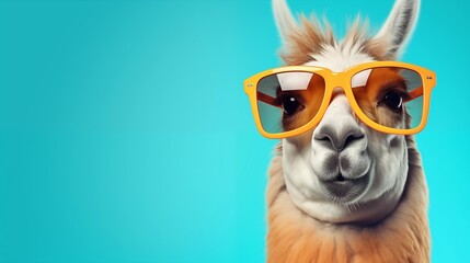 Llama in sunglass shade glasses isolated on solid pastel background, commercial, editorial...