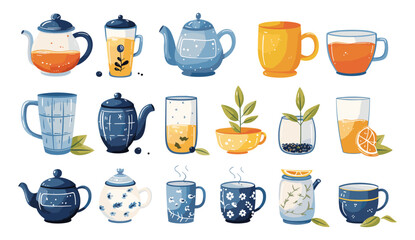 Hand drawn colorful Vector illustration of various cups, mugs, and teapots with fresh hot tea isolated design elements. Natural tasty drink, tea party, ceremony, hot healthy beverage concept. Warm