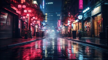 An illustration neon-lit city street at night, with a moody, cinematic vibe and vibrant colors that pop against the dark background