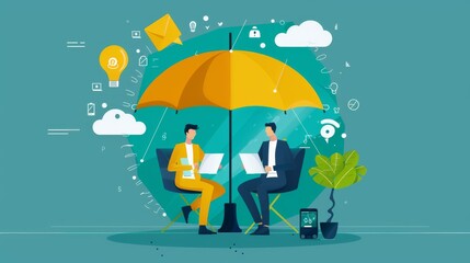 Businessmen find shelter under the umbrella of protection while using electronic equipment, symbolizing the importance of electronic device insurance and the emerging trend in insurance policies. - obrazy, fototapety, plakaty