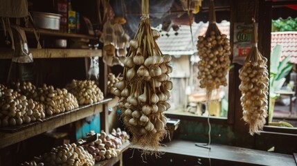 A traditional Thai kitchen with strings of garlic bulbs hanging to dry, preserving their flavor for use in future culinary creations. - Powered by Adobe