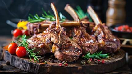 Seasoned lamb racks cooked to perfection with an herb garnish, ideal for savory culinary presentations