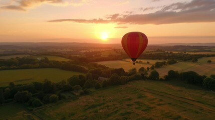 Obraz premium A tranquil aerial view of a picturesque countryside with a hot air balloon drifting gracefully through the sky, offering a serene mode of travel.