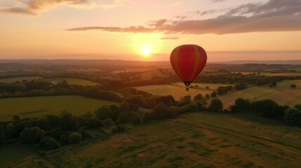 A tranquil aerial view of a picturesque countryside with a hot air balloon drifting gracefully through the sky, offering a serene mode of travel.