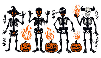 Hand drawn modern Vector illustration, Isolated design templates, Set of various Skeleton, Human skeletons with pumpkin head, eyepatch, horns and flame. Cute creepy characters. Halloween concept. 