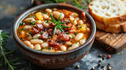 a bowl of beans and bacon with bread on a table
