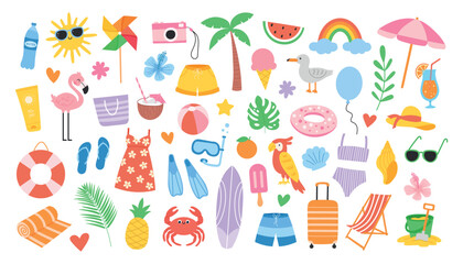 Cute beach set. Summer colorful holiday icons. Hand drawn vector illustration