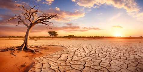 Parched Land and Withered Tree Beneath Vivid Sunset - A Stark Image of Drought and Climate. Barren Desert Scene with Cracked Earth