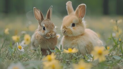   A pair of rabbits resting beside one another atop a green field of grass surrounded by a forest of yellow blossoms