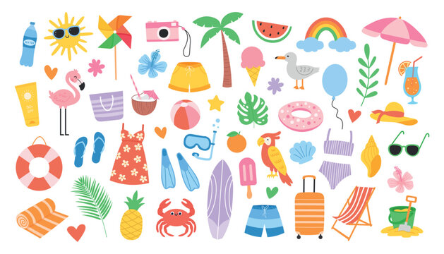 Cute beach set. Summer colorful holiday icons. Hand drawn vector illustration