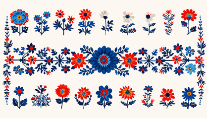Hand drawn modern Vector illustration, Ukrainian Vyshyvanka set, design elements, Various ornaments, patterns. Print, design templates. Folk, ethnic embroidery. Slavic traditional. Folk art.