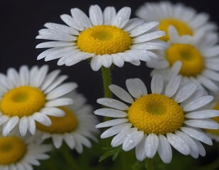 Obraz premium Dew-Covered White Daisies Blooming Against a Dark Background in Early Morning