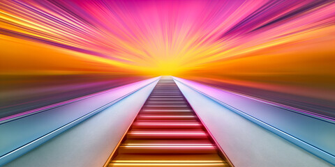 Staircase illuminated by radiant light trails ascending towards a bright future. Abstract rainbow neon blurred background.