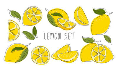 Set of lemons whole, half, slice, piece. Abstract continuous line drawn tropical citrus fruit isolated on white. Lemon parts for design. Healthy vitamin food