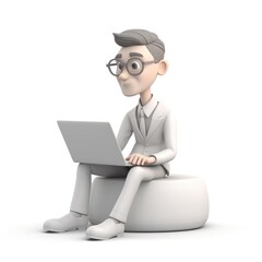 A graphics 3D character in Notion style, with a professional look and business attire, sitting at a desk on a white background