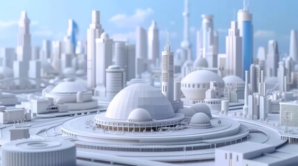 This is an artist's 3D rendering of a futuristic metropolis with a focus on a grand dome structure in the city's heart