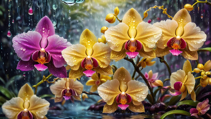 colorful yellow orchid flower with water drops on abstract background. bright flowers. illustration