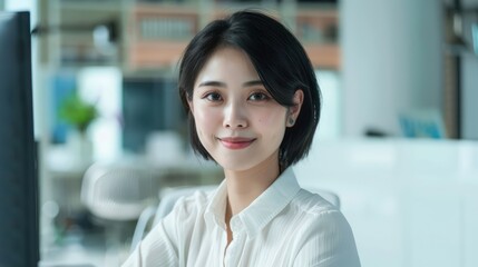 Fototapeta premium A professional looking young woman in a white blouse poses confidently in an office setting, expressing approachability and assurance