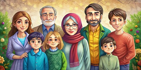 Illustration of a young oriental family with many children Happy family photo