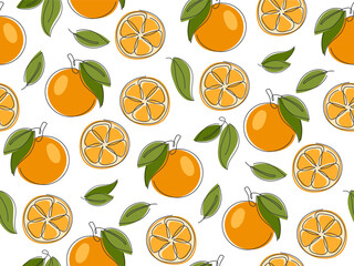 Seamless pattern orange whole and slice. Juicy fresh summer colorful fruit background. Abstract outline illustration. Template for juice packaging, fabric print, cover, wallpaper