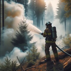 Obraz premium A fireman extinguishes a forest fire with heavy smoke in his uniform