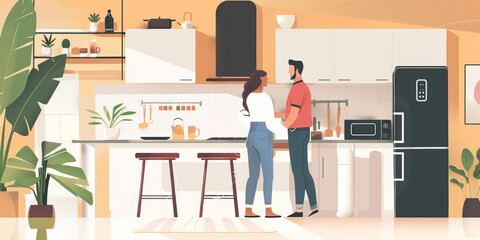 A couple interacts in smart kitchen at homemodern technology.