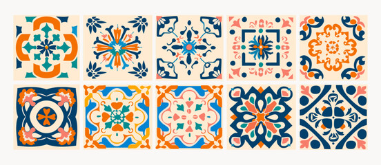 Hand drawn Vector illustration. Traditional mediterranean style. Decorative tile pattern design. Various square Tiles. Different blue ornaments. Ceramic tiles. Isolated design elements. Grunge texture