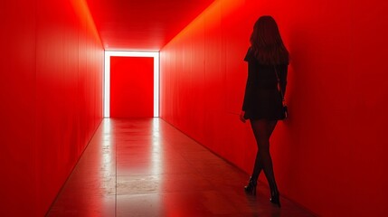 a woman standing in a red hallway with a red light