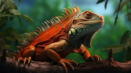 Fototapeta premium orange and green iguana with spiky crests surveys its surroundings from atop a tree branch blending with the foliage.